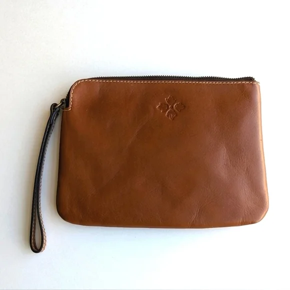 Patricia Nash Genuine Leather Embossed Floral Swirl Wristlet Clutch Bag - Brown